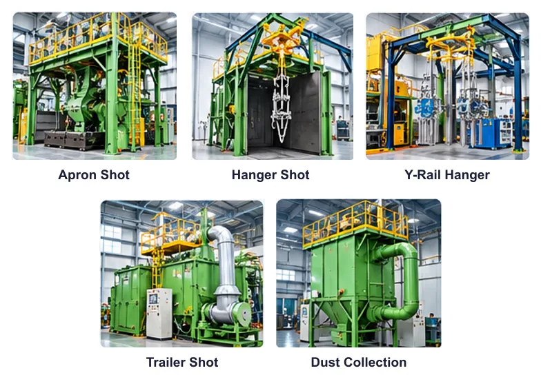 SURFACE TREATMENT – SOLUTIONS FOR DIVERSE WORKPIECES: Apron Shot, Hanger Shot, Y-Rail Hanger, Trailer Shot, Dust Collection